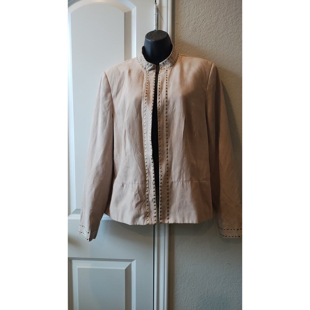 DressBarn Faux Suede Beige Jacket Open Front Sz. L Career Office Soft